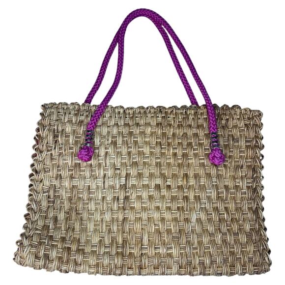Vintage Magid Straw Wicker Woven Tote Bag Magenta Strap Beach Made in Italy - Picture 1 of 12